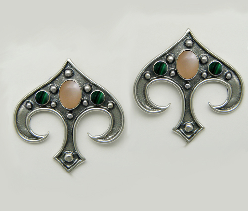 Sterling Silver Gothic Inspired Drop Dangle Earrings With Peach Moonstone And Malachite